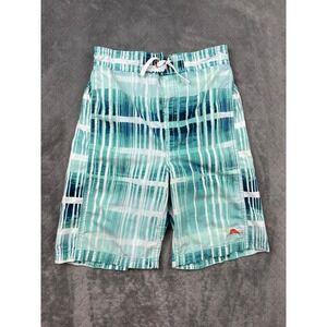 Tommy Bahama Kids XL Swim Trunks Teal White Plaid Board Shorts RN15101‎